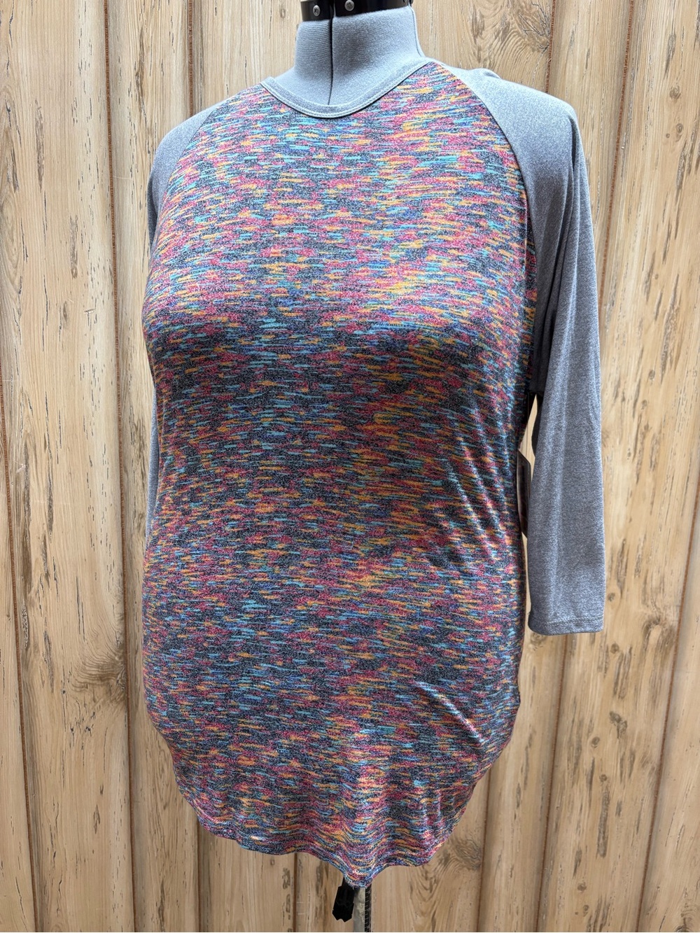 LuLaRoe Multicolor Heathered Body with Gray Raglan Sleeves